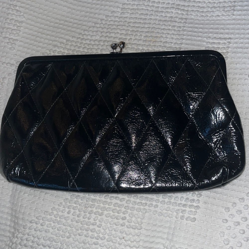 Jane Shilton Clutch Purse Genuine Leather Quilted Black Silver Tone Evening